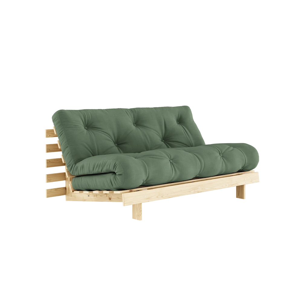 KARUP DESIGN Olivově zelená rozkládací pohovka ROOTS s konstrukcí ze světlého dřeva 160x200 cm