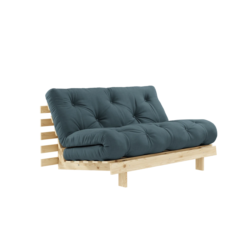 KARUP DESIGN Petrolejově modrá rozkládací pohovka ROOTS s konstrukcí ze světlého dřeva 140x200 cm