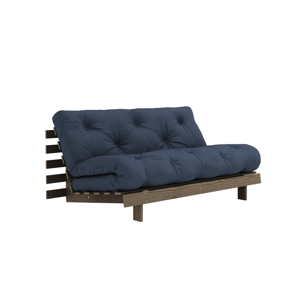 KARUP DESIGN Námořnicky modrá rozkládací pohovka ROOTS s konstrukcí z tmavě hnědého dřeva 160x200 cm