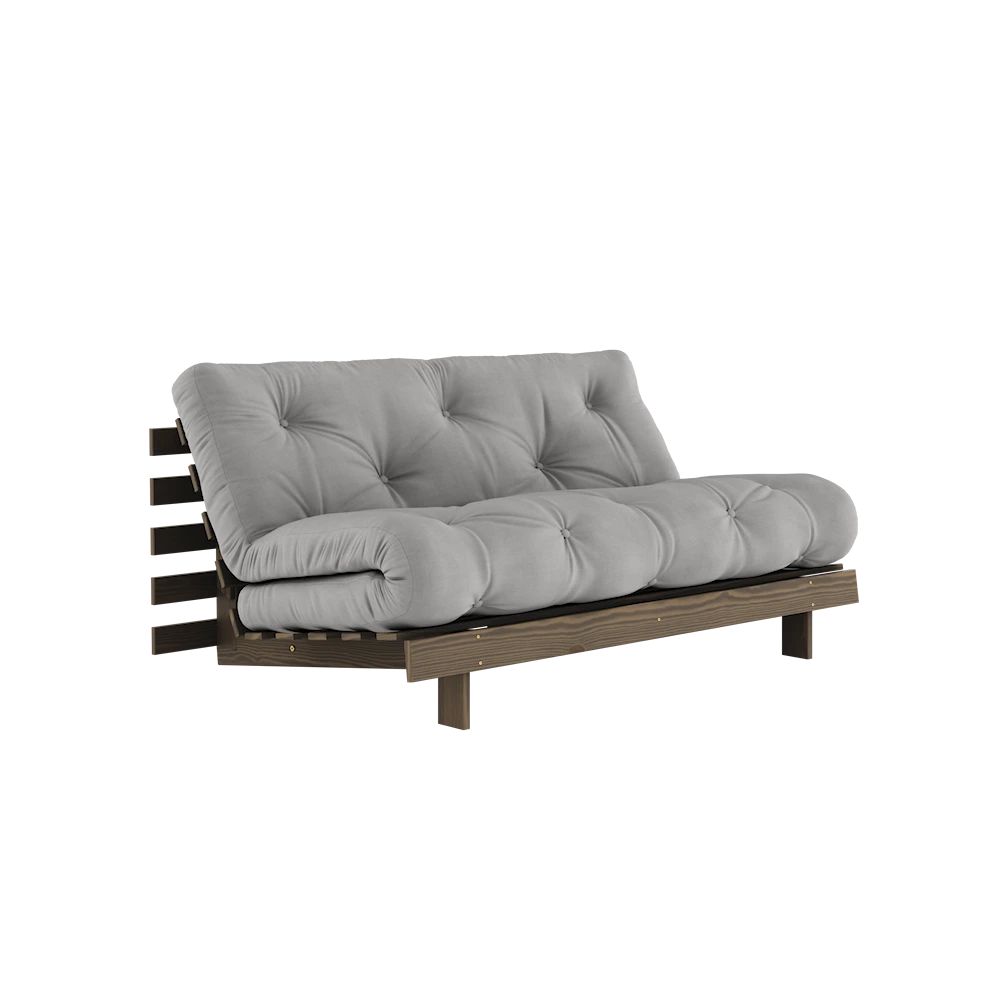 KARUP DESIGN Šedá rozkládací pohovka ROOTS s konstrukcí z tmavě hnědého dřeva 160x200 cm