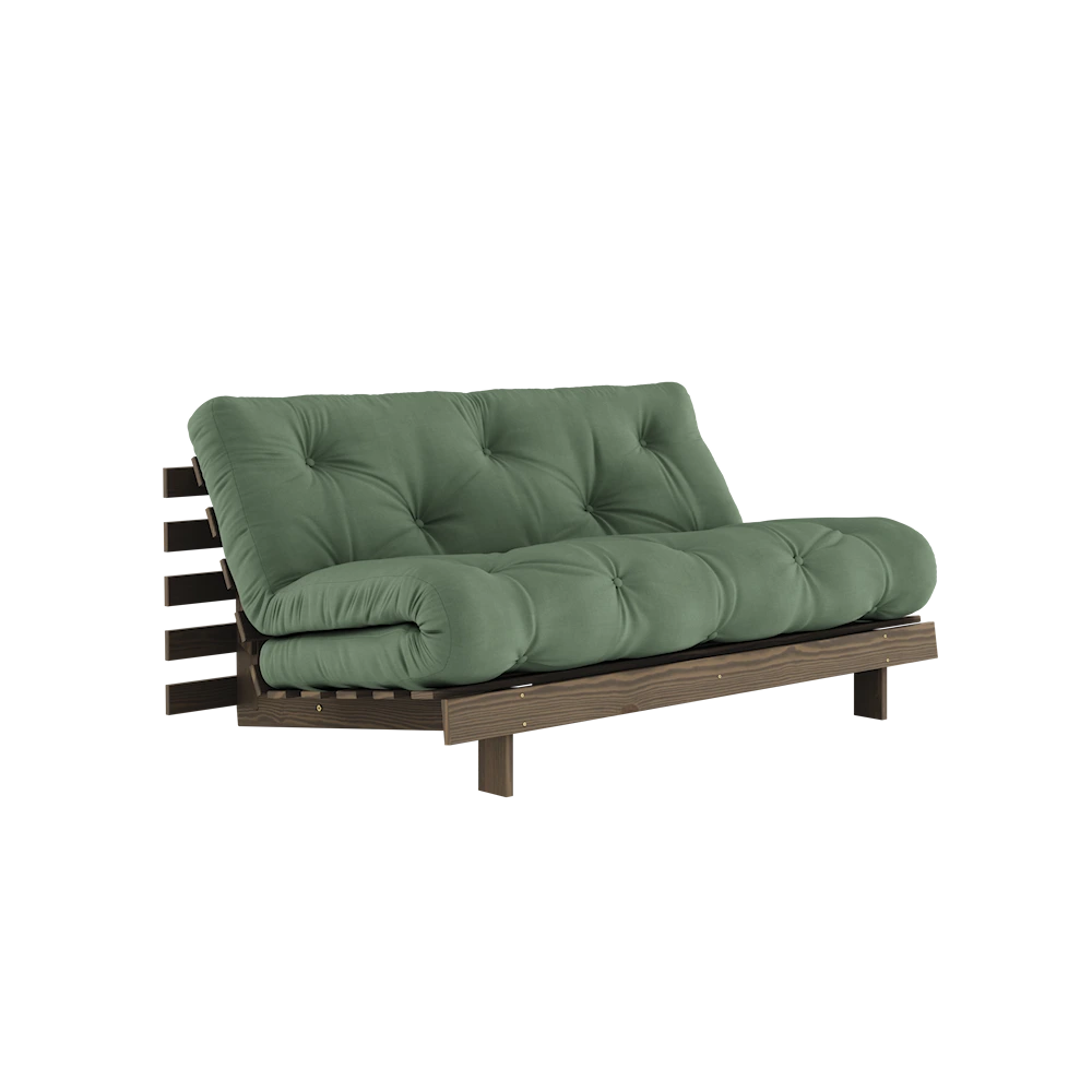 KARUP DESIGN Olivově zelená rozkládací pohovka ROOTS s konstrukcí z tmavě hnědého dřeva 160x200 cm