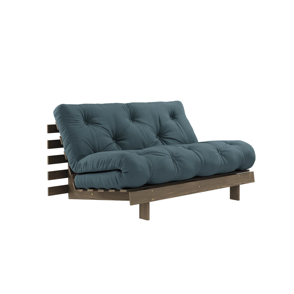 KARUP DESIGN Petrolejově modrá rozkládací pohovka ROOTS s konstrukcí z tmavě hnědého dřeva 140x200 cm