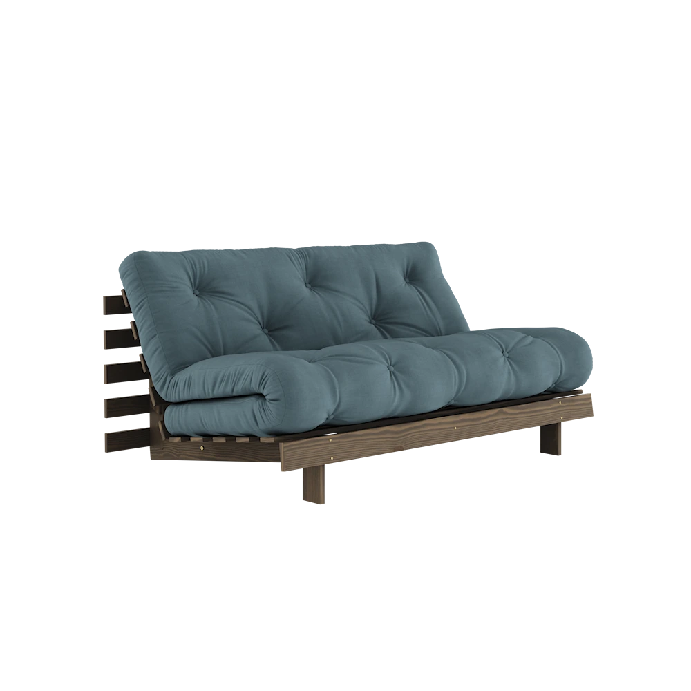 KARUP DESIGN Petrolejově modrá rozkládací pohovka ROOTS s konstrukcí z tmavě hnědého dřeva 160x200 cm