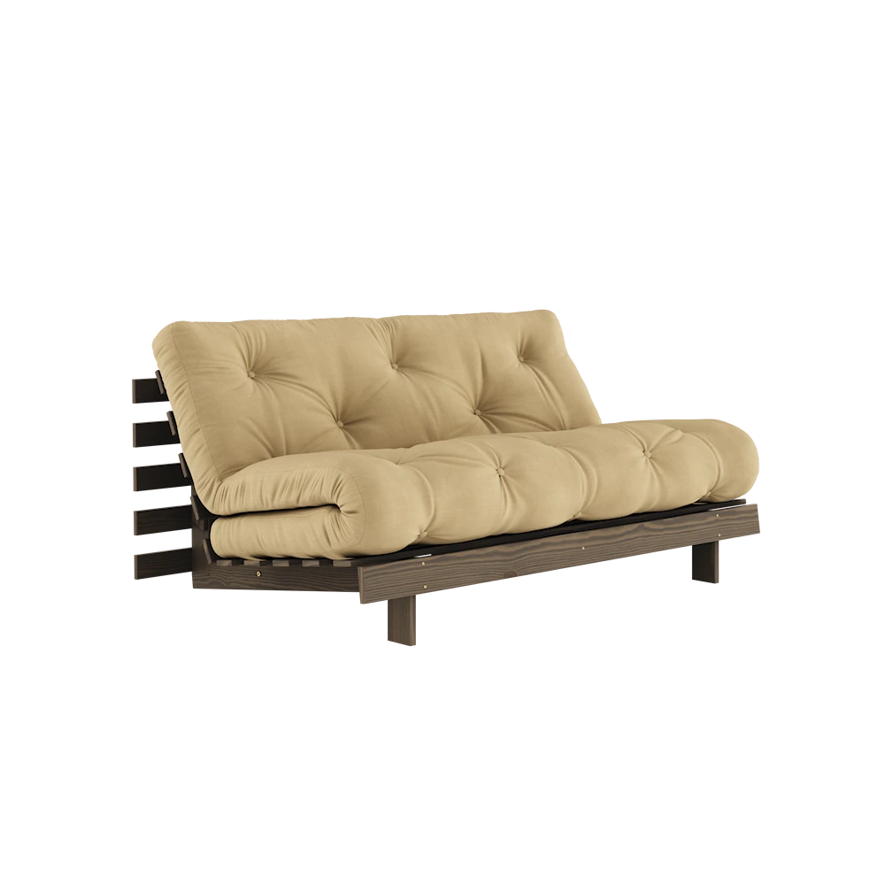 KARUP DESIGN Béžová rozkládací pohovka ROOTS s konstrukcí z tmavě hnědého dřeva 160x200 cm