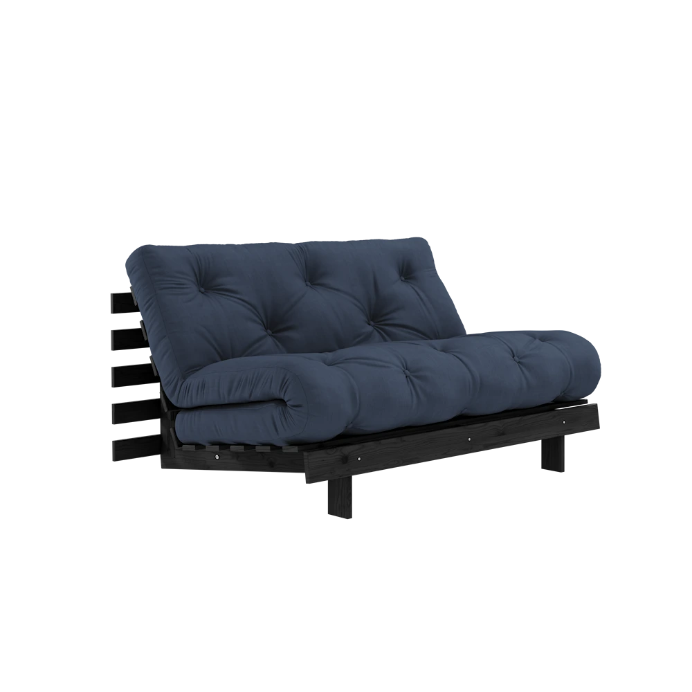 KARUP DESIGN Námořnicky modrá rozkládací pohovka ROOTS s konstrukcí z černého dřeva 140x200 cm