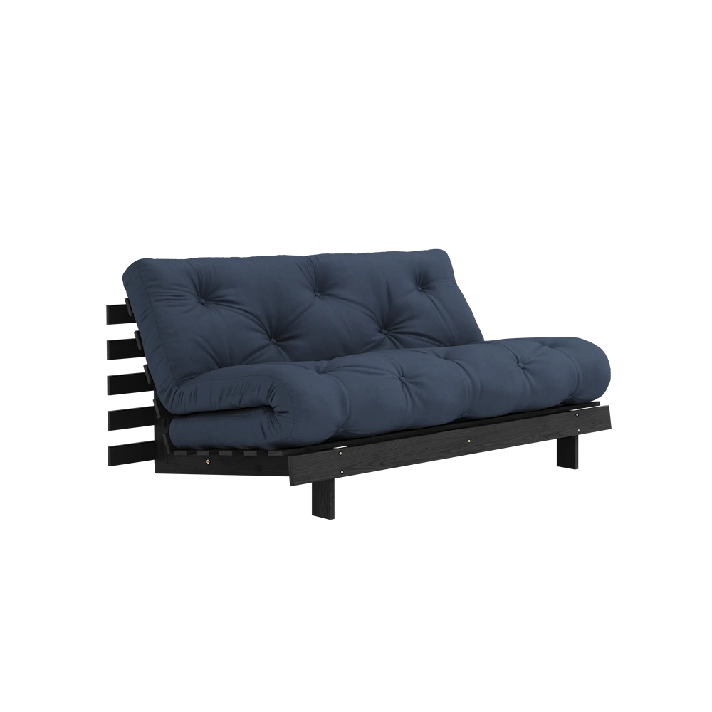 KARUP DESIGN Námořnicky modrá rozkládací pohovka ROOTS s konstrukcí z černého dřeva 160x200 cm